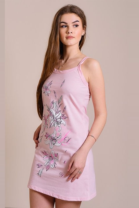 Фото товара 9115, розовая сорочка на бретельках с цветами